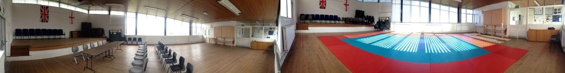 These two photos set side-by-side are both 180 degree iPhone 'Pano' images spliced together showing two views of our Main Hall